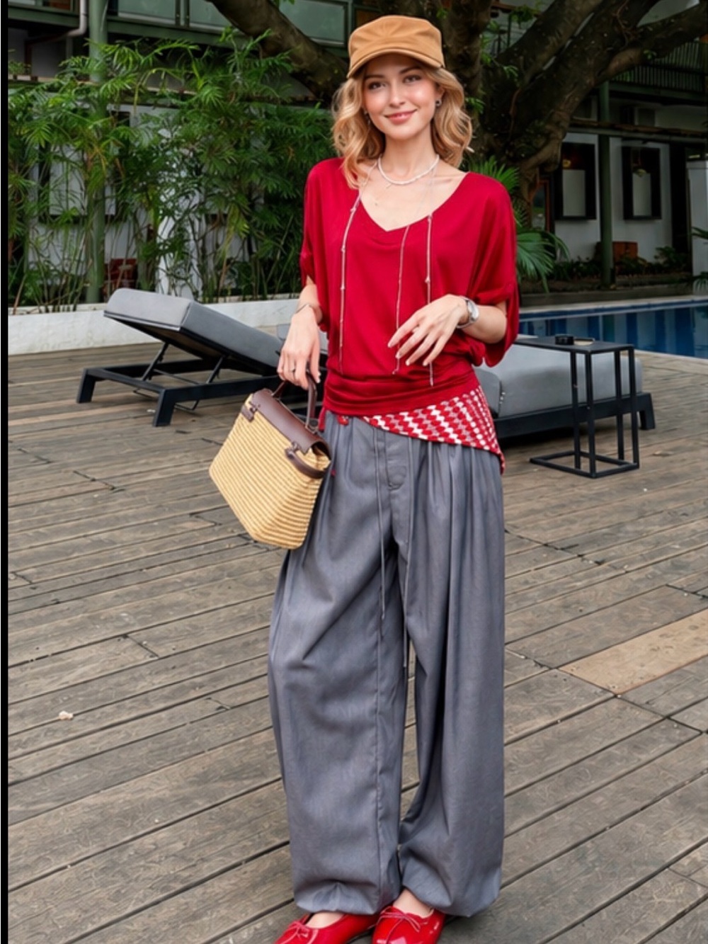 Red V-Neck Dolman Sleeve Women's Top